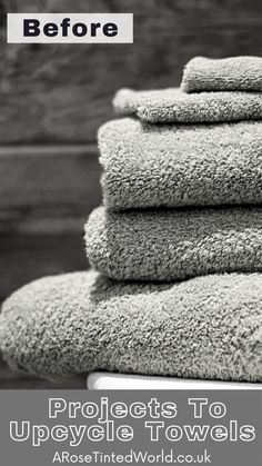 towels stacked on top of each other in black and white with text overlaying the image