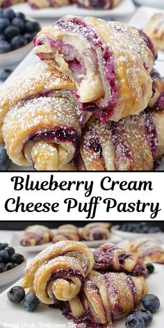 A double collage photo puff pastries with blueberry and cream cheese filling. Lazy Day Dinner Ideas Healthy Recipes, Rachel Cooks With Love Recipes Cinnamon Rolls, Picnic Baking Ideas, New Wife Recipes, Recipes Using Pastry Flour, Faerie Food Recipes, American Meal Ideas, Pastry Ideas Creative, Colorful Baked Goods