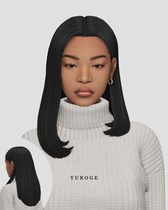 a woman with long black hair wearing a white turtle neck sweater and gold hoop earrings