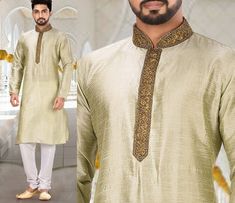 Indian & Pakistani Kurta Pajama For Men Kurta Fabric -  Silk  Color -  Deep Fawn Color and  Sea Green Work Type Resham French Knot Work In Collar And Button Line Churidar (Bottom) - Dupion Silk - In Off White Note For Perfect Fitting * Pls Check Your Body Chest Exact Measurement With Out Adding Any Space or Gap From Your Side * Kindly Mention Your Height While Placing The Order 🔺Disclaimer: Product Colour May Slightly Vary Due to Photographic Lighting Sources or Your Monitor Settings Thank You for Visiting Groomsmen Kurta, Wedding Sherwani, Kurta Pajama For Men, Wedding Kurta Pajama, Kurta , Kurta Men, Indian Mens Kurta, Silk Kurta Men, Men Kurta Pajama Set, Wedding Kurta Men, Silk Kurta For Men, Indian Kurta Pajama, Pakistani Kurta Men Traditional Gold Kurta For Groom, Gold Kurta For Groom, Diwali Festival, Gold Kurta For Groom Diwali Occasion, Gold Kurta For Groom Diwali Celebration, Gold Sets For Groom At Festivals, Long Sleeve Kurta For Groom At Diwali, Indian Kurta Men, Groomsmen Kurta, Kurta Pajama Wedding