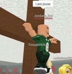 a lego man standing in front of a cross with words above him that say i am jesus jordan