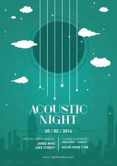 the poster for acoustic night is shown in blue and green with white clouds, stars, and