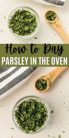 three small bowls filled with parsley in the oven on top of a white table