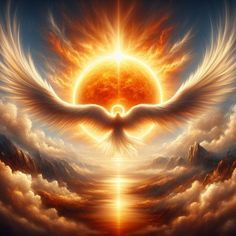 an artistic painting of a bird flying in the sky with clouds and sun behind it