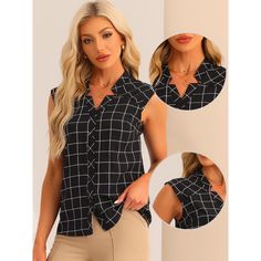 This sleeveless button-down tartan shirt exudes a classic and timeless style that never goes out of fashion. The plaid pattern adds a touch of sophistication, making it perfect for both casual and semi-formal occasions. Made from quality and breathable fabric, this summer casual shirt keeps you cool and comfortable even on hot days. The sleeveless design allows for maximum airflow, ensuring a refreshing feel throughout the day. This tartan shirt offers endless possibilities for styling. Wear it Casual Sleeveless Blouse For Work, Plaid Button Closure Workwear Top, Chic Collared Plaid Shirt, Plaid Tops For Business Casual, Plaid Casual Tops For Business, Plaid Top With Button Closure For Business Casual, Chic Plaid Tops For Office, Plaid Casual Top For Business Casual, Trendy Plaid Shirt For Work