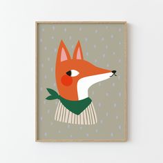 a framed print of a fox wearing a sweater and green scarf with raindrops on the background