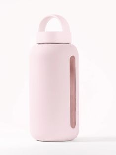 a pink water bottle with a wooden handle on a white background, the lid is closed