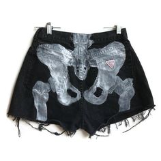 Skeleton Shorts Pelvis Bones Shorts High Waisted Black Denim Shorts... ($40) ❤ liked on Polyvore featuring shorts, bottoms, pants, short, high waisted short shorts, high rise jean shorts, destroyed jean shorts, high waisted ripped shorts and distressed denim shorts Grunge Shorts, Pants Short, Rock Outfit, Shorts High Waisted, Painted Clothes, Mode Inspiration, Art Clothes