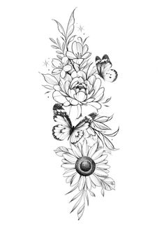 a black and white drawing of flowers with butterflies flying around the flower petals on each side