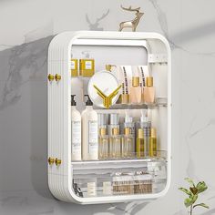 an open medicine cabinet filled with beauty products