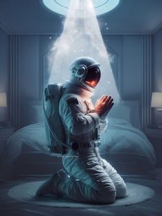 an astronaut sitting on the ground in front of a bed with his hands clasped up