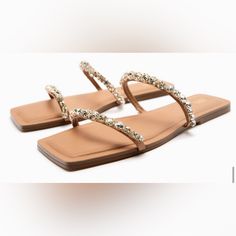 Zara Flat Sandals With Rhinestones. Nwt Bedazzled Flat Beach Sandals, Spring Beach Sandals With Sparkling Details, Sparkling Beach Sandals For Spring, Spring Beach Sparkling Sandals, Zara Embellished Open Toe Sandals, Zara Embellished Sandals For Spring, Sparkling Flat Sandals For The Beach, Zara Flat Sandals, Zara Flats