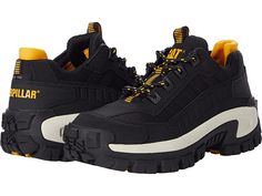 Caterpillar Invader ST - Men's Shoes : Black/Fullmoon : The steel toe protection and comfortable support of the Caterpillar Invader ST boot will make sure you perform at your best every work day. Style numbers: P91274 (Black), P91276 (Gargoyle), P91275 (Black/Fullmoon) and P91338 (Dark Brown). Leather upper. Steel toe work boot. Padded collar for added comfort. Traditional lace-up design with sturdy metal hardware for a secure fit. Nylon mesh lining provides airflow for added breathability. Cush Black Shock Resistant Work Boots For Outdoor, Shock Resistant Black Work Boots For Outdoor, Black Rugged Work Boots With Shock Resistance, Impact Resistant Black Work Boots For Outdoor, Rugged Black Shock Resistant Work Boots, Black Construction Boots With Reinforced Toe, Black Boots With Reinforced Toe For Construction, Black Work Boots With Protective Metal Feet, Black Impact Resistant Work Boots For Safety