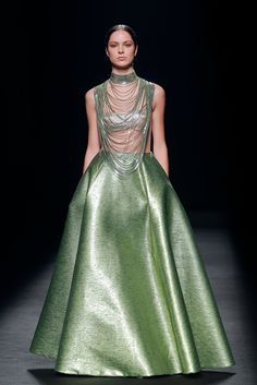 Chain style bodice sleeveless ballgown | HerTrove Isabel Sanchis, Mnm Couture, Dress Name, Golden Dress, International Clothing, Princess Skirt, Oscar Dresses, Midi Dress Style, Fashion Gowns