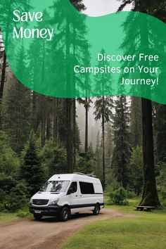 a van is parked on the side of a dirt road in front of some trees