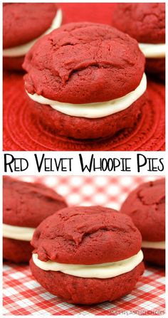 red velvet whoopie pies with white cream filling on top and bottom are shown