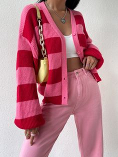 Verschiedenfarbig Lässig Collar Langärmelig Stoff Farbblock  Embellished Leicht-dehnbar Pink Striped Cardigan, Cardigan Rosa, Drop Shoulder Cardigan, Color Block Cardigan, Pink Cardigan, Girls Fashion Clothes, Striped Cardigan, Teenage Fashion Outfits