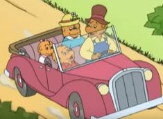 the three bears are riding in an old fashioned red car with two men on it