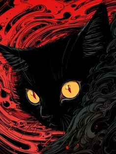 a black cat with yellow eyes staring at something red in the background is swirling swirls