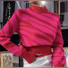 New With Tags, Women’s Gorgeous Vividly Beautiful Mock Neck Turtleneck Sweater. Chic And Savvy Solid Drop Shoulder Design With Stand Collar. Soft And Comfortable Pullover, With 100% Acrylic Highly Stretchable Material. Size Medium Machine Wash Or Professional Dry Clean Paris Pink, Paris Woman, Mock Neck Sweater, Shoulder Design, Zebra Print, Pink Red, Turtleneck Sweater, Stand Collar, Drop Shoulder