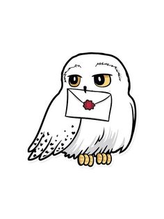 a white owl with an envelope in its mouth sitting on top of a postcard