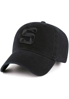 This Michigan State Spartans Black Adjustable Hat features a front embroidered team logo. 47 Clean Up, Front embroidered team logo, Side '47 embroidery, Garment washed cotton, Relaxed, dad hat style, Fit: True to Size, Cotton, Wipe clean with cloth or cleaning kit, 4 Black Baseball Cap With Embroidered Logo For College, Black Collegiate Hat For College, Collegiate Black Baseball Cap With Team Logo, Black Collegiate Baseball Cap With Team Logo, Collegiate Black Cotton Hat, Black Hat With Letter Embroidery For Baseball Season, Collegiate Black Cotton Baseball Cap, Black Collegiate Cotton Baseball Cap, Michigan State Spartans