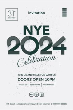 the new year's eve celebration flyer is shown in black and white, with an abstract