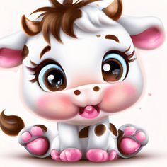 a cute little cow with big eyes sitting down