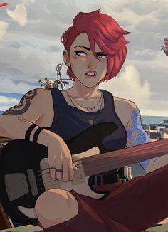 a woman with red hair playing an electric guitar