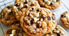 chocolate chip cookies with white and brown chips on a cooling rack, ready to be eaten