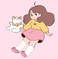 a girl in a yellow shirt and pink skirt holding a white cat on her lap