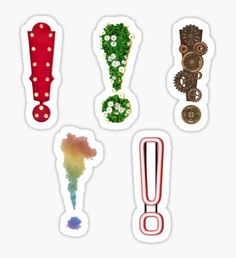 six different types of stickers with flowers and gears on them, all in various colors