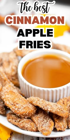 the best cinnamon apple fries on a white plate with dipping sauce and apples in the background