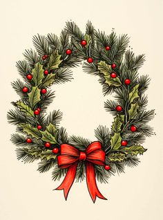 a drawing of a christmas wreath with red bows and holly berries on white paper background