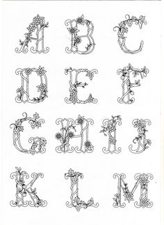 an old fashioned alphabet with flowers and vines on the upper letter, which has been drawn in