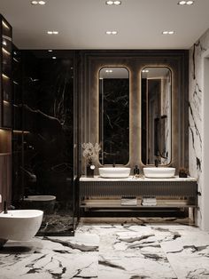 a bathroom with marble floors and two sinks