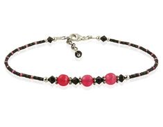 This beautiful 10 - 10 inch adjustable handmade Safari Pink Agate Gemstone Anklet combines black and pink beads, gemstone, Swarovski crystals, and sterling silver. Created with black twisted tube beads with fuchsia pink seed bead accents, dyed pink jade gemstones, black Swarovski Austrian crystals, and .925 sterling silver. Measures: 10 - 10 1/2 inch adjustable Materials: Swarovski Austrian crystals, Jade gemstones Colors: Black and pink Material: .925 sterling silver components and spacers Hand Daisy Anklet, Black Anklet, Handmade Anklets, Pastel Beads, Pink Jade, Beaded Anklet, Rainbow Beads, Pink Agate, Beaded Anklets