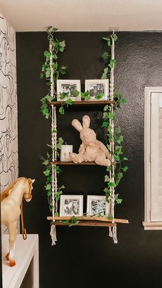 two shelves with pictures and plants on them