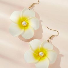 Beautiful & Lightweight White/Yellow Flower With Pearl Center Brand New Yellow Earrings For Spring Vacation, Yellow Earrings For Beach In Spring, Yellow Spring Earrings, Casual Yellow Earrings For Summer, Yellow Jewelry For Beach Wear In Spring, Yellow Jewelry For Spring Beach Occasion, Yellow Jewelry For Beach During Spring, Yellow Jewelry For Beach In Spring, Yellow Beach Jewelry For Spring