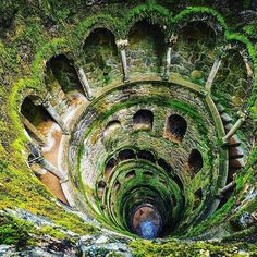 the inside of an abandoned building with moss growing on it