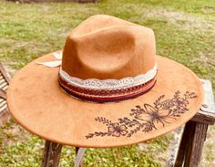 Custom Hand Burned Hat Hand Burned Wide Brim Hat Custom - Etsy Cowboy Hat Design, Wide Brim Felt Hat, Custom Cowboy Hats, Hand Burn, Felt Cowboy Hats, Painted Hats, Chapeau Cowboy, Personalized Hats, Wide Brim Hats