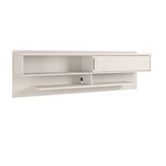 a white wall mounted shelf with two open shelves on each side and one closed drawer at the top