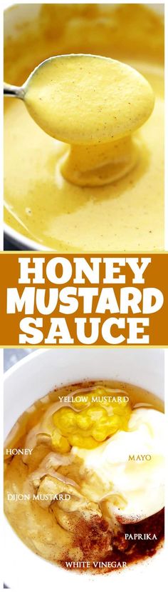 honey mustard sauce in a white bowl with spoon and label on the side that reads honey mustard sauce