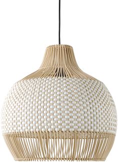 a white and beige lamp hanging from a ceiling