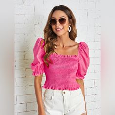 Never Worn-Pink Rouche Top Pink Puff Sleeve Top, Red Lace Crop Top, Mint Green Tops, Preppy Tops, Pretty Top, Blue Crop Tops, Pink Boho, Puff Sleeve Blouse, Striped Crop Top