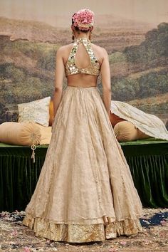 Gold blouse featuring mirror embroidery with halter neck, back cut-out and an attached flare. Paired with a gota lace detailed lehenga. - Aza Fashions Mirror Embroidery, Gold Blouse, Embellished Blouse, Buy Gold, Gold Mirror, Set For Women, Aza Fashion, Halter Neck, Lace Detail