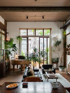 a living room filled with lots of furniture and plants on the windows sills