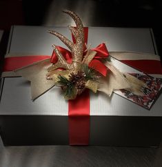 a christmas present wrapped in silver and red ribbon