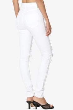 Crafted from soft cotton blend, these distressed jeans will be your go-to pair come the weekend. Designed with a skinny leg, shreded and a slimming high waist, this pair is the perfect go-to pick for casual looks any day of the week. Cool 'Off-duty' look - simply team them with everything from tees and slides to sweaters and sneakers.Stretch+: More stretch, more movement, more comfort with Soft cotton blend DenimSuper high rise, Zip fly with button closure, Ankle skinny legsFive pocket styling, Cropped Denim Pants, High Waist Denim, Cropped Denim, High Waisted Denim, Quality Fashion, Off Duty, Distressed Jeans, Denim Pants, White Jeans