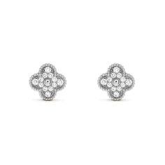 These Clover Silver Diamond Stud Earrings offer a touch of elegance to any outfit. Crafted with a delicate clover design and sparkling diamonds, these earrings add a sophisticated and stylish touch to your appearance. Made with high-quality materials and expert craftsmanship, these earrings are a timeless addition to your jewelry collection. ADDITIONAL INFORMATION Color: Silver Stone: Cubic Zirconia Ref. vcarp3jl Material:925 Sterling Silver - 18k Gold Plated- 18k Real Gold ( contact us via inst Elegant White Earrings With Single Cut Diamonds, Elegant White Single-cut Diamond Earrings, Classic Earrings With Diamond Accents In Flower Shape, Classic Diamond Accented Flower Shaped Earrings, Classic Flower Shape Earrings With Diamond Accents, Classic Diamond White Flower-shaped Earrings, Elegant White Diamond Flower-shaped Earrings, Elegant White Diamond Flower Shaped Earrings, Classic Diamond Earrings With Flower Shape And Diamond Accents